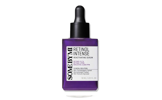 Retinol Intense Reactivating Serum by SOME BY MI displayed in a sleek bottle, with dropper applicator and clear labeling.