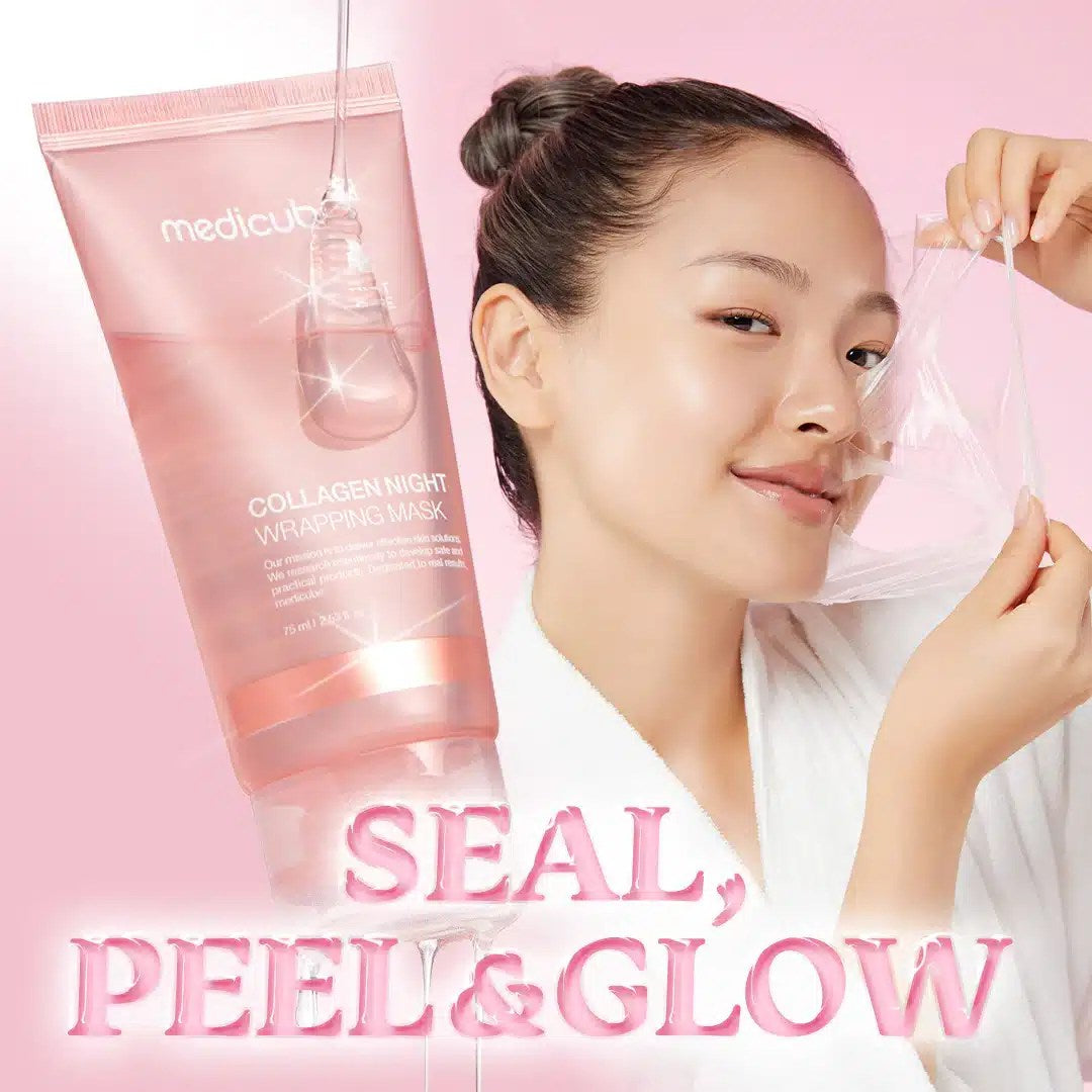 Medicube Collagen Night Wrapping Mask pink tube; skincare mask with model applying a sheet mask