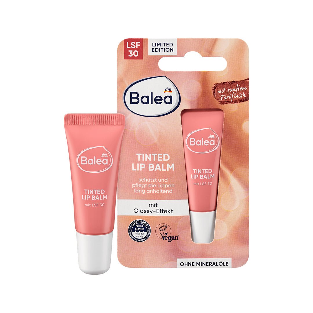 Balea Tinted Lip Balm SPF 30 set with two pink tubes on peach packaging, limited edition.