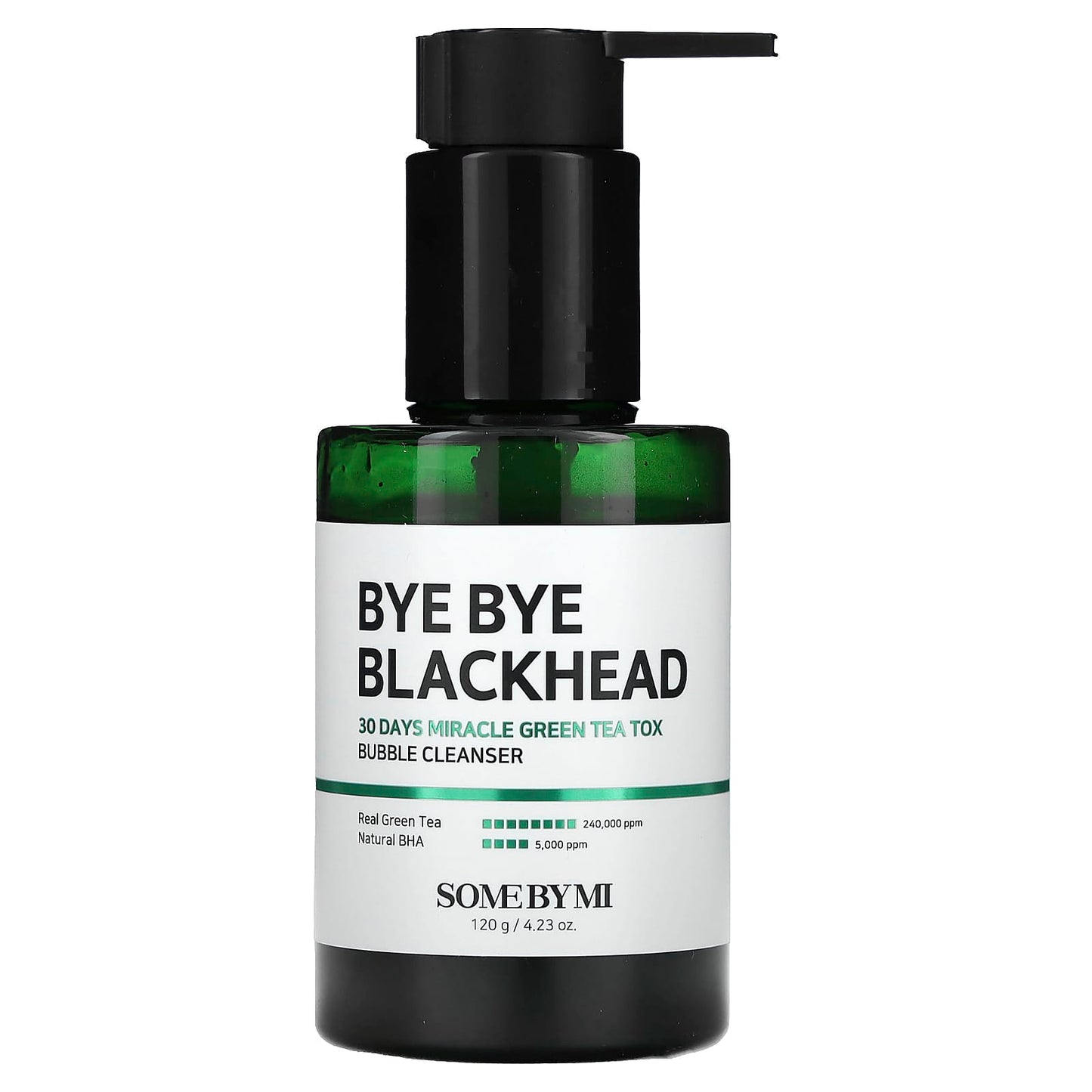 SOME BY MI Bye Bye Blackhead Green Tea Bubble Cleanser bottle with black pump and green glass container.