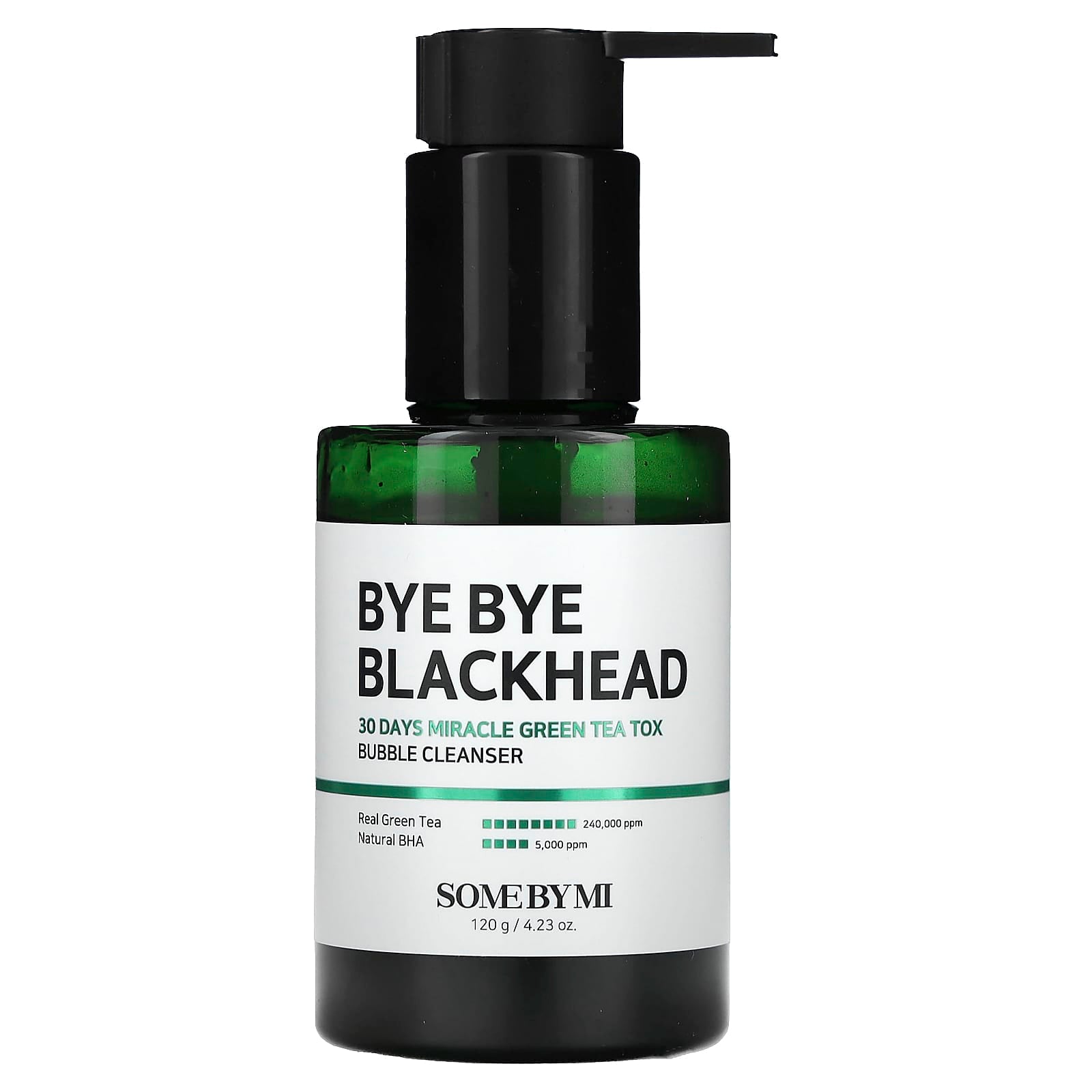SOME BY MI Bye Bye Blackhead Green Tea Bubble Cleanser bottle with black pump and green glass container.