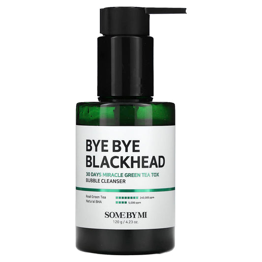 SOME BY MI Bye Bye Blackhead Green Tea Bubble Cleanser bottle with black pump and green glass container.