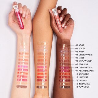 SEPHORA COLLECTION Glossed Lip Gloss, 5ml, 2 tubes shown with multiple pink-to-nude swatches on arms