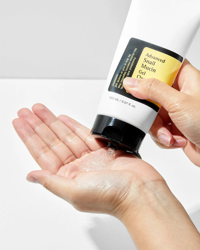 Advanced Snail Mucin Gel Cleanser 150ml in a white tube with a yellow label and black cap