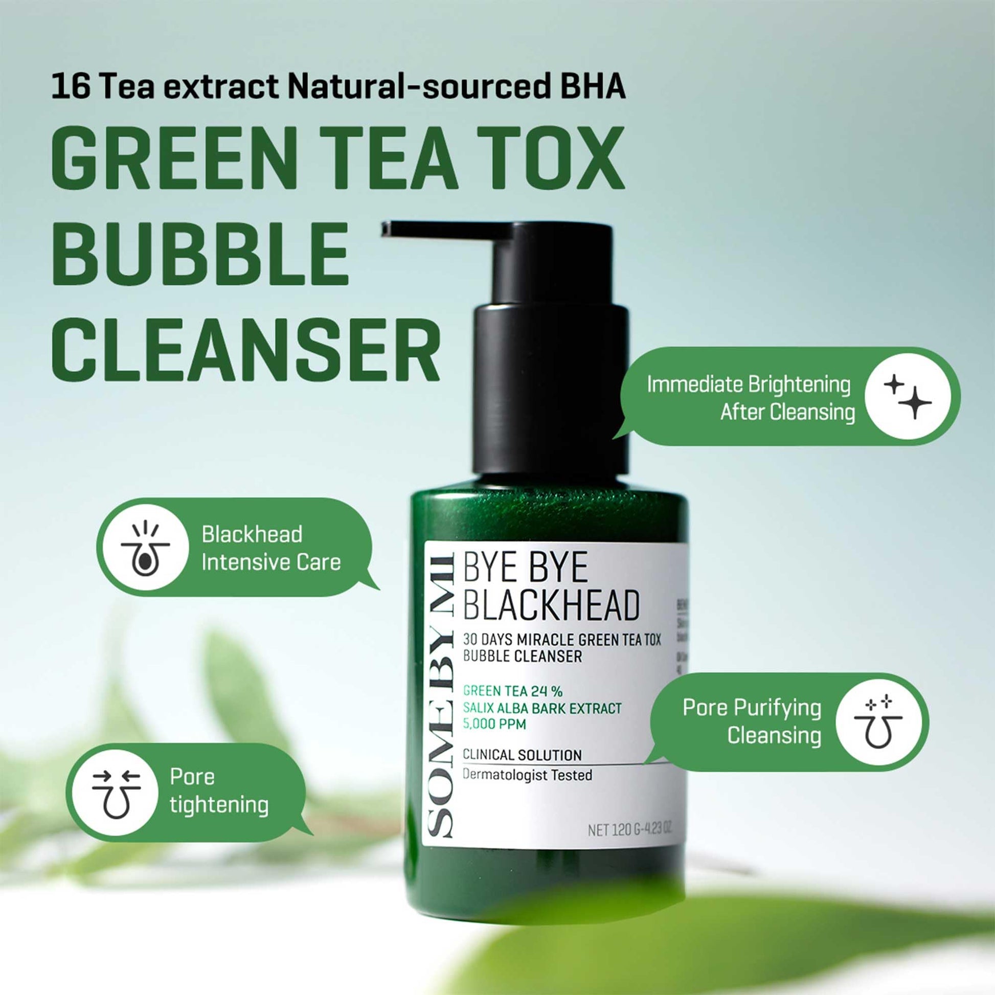 SOME BY MI Bye Bye Blackhead 30 Days Miracle Green Tea Tox Bubble Cleanser in a green pump bottle