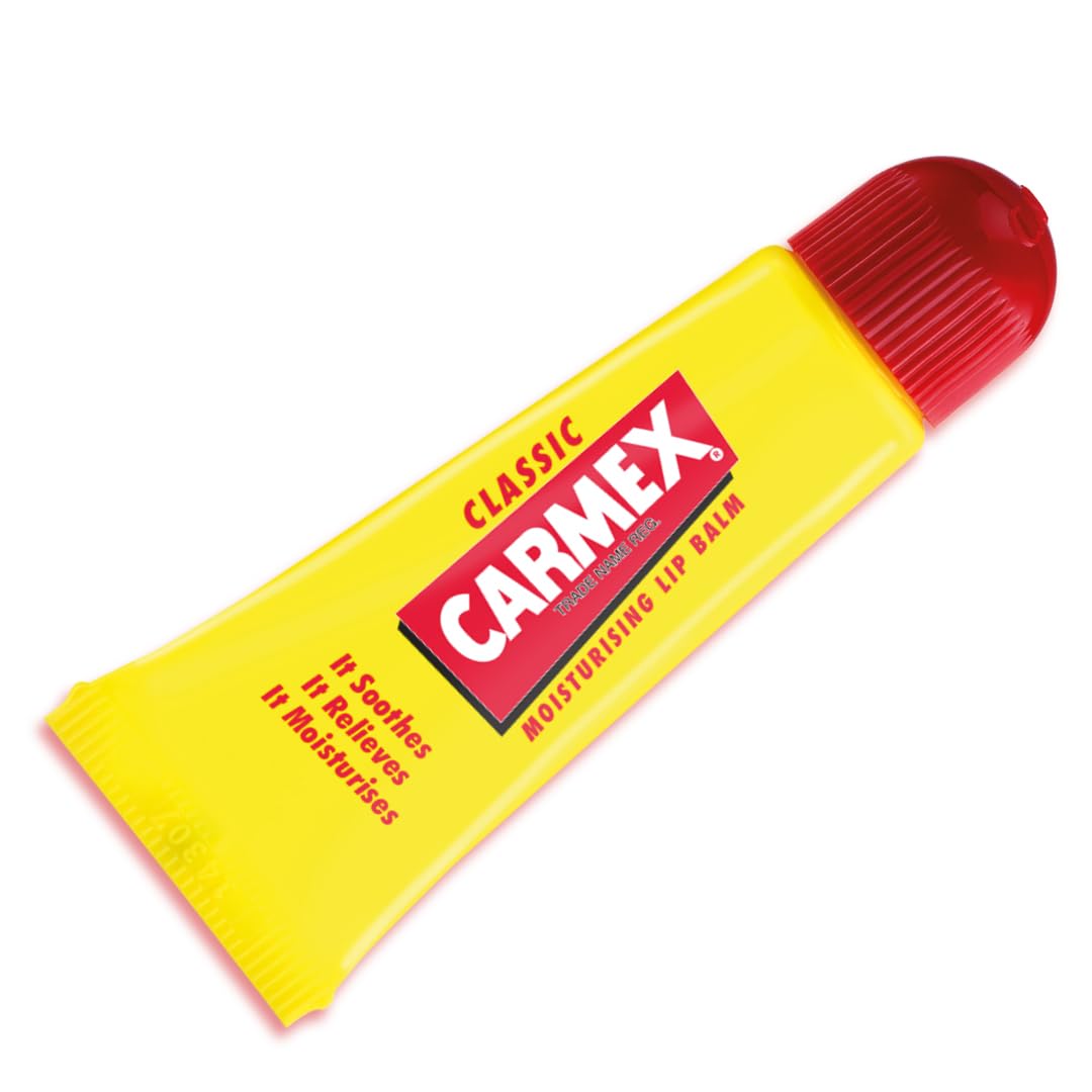 Carmex Classic Moisturizing Lip Balm SPF 15 in a yellow tube with a red cap