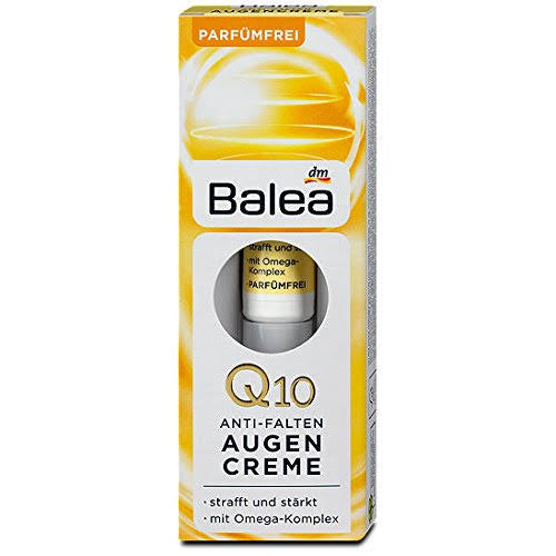 Originala Balea Q10 anti-wrinkle eye cream jar, fragrance-free hydrating and firming eye care product with a sleek container.