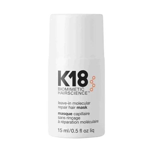 K18 leave-in molecular repair hair mask bottle, white, 15 ml