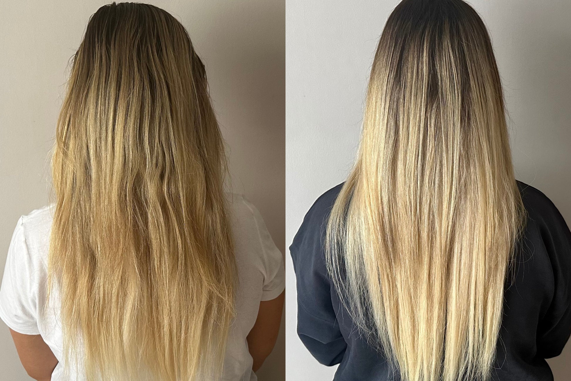 K18 Leave-In Molecular Repair Hair Mask (15ml) Originala; side-by-side views of long blonde hair before and after.