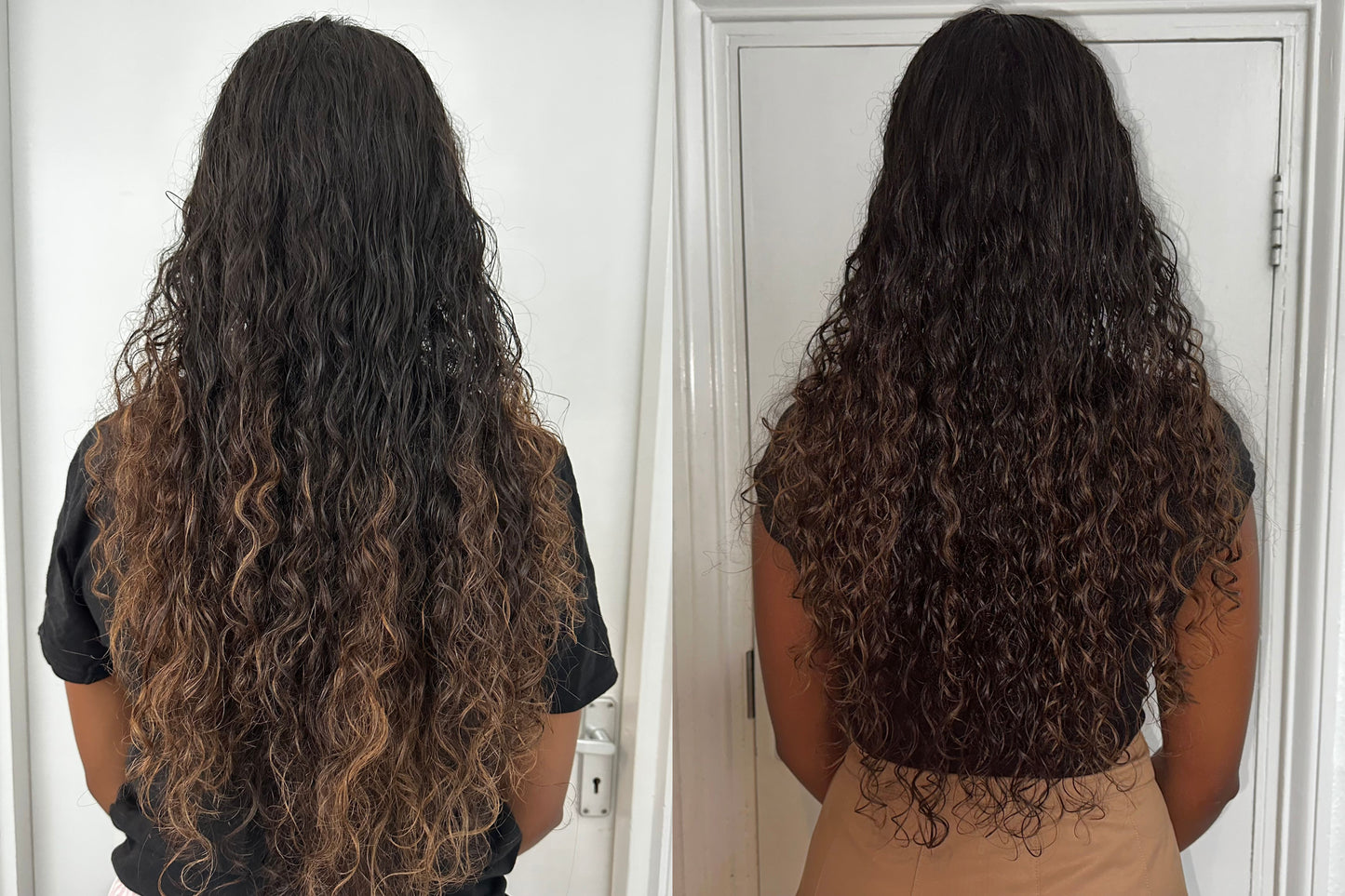K18 Leave-In Molecular Repair Hair Mask (15ml) back view of curly hair before/after, dark roots with lighter ends