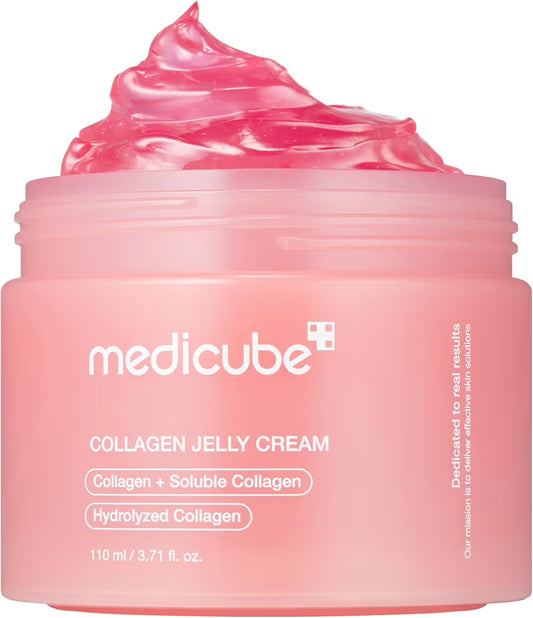 Medicube Collagen Jelly Cream pink gel-cream in pink jar, face moisturizer