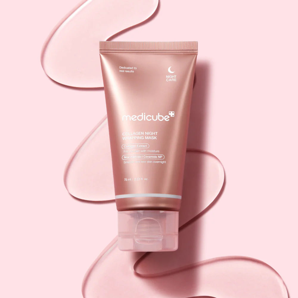 Medicube Collagen Night Wrapping Mask tube in rose pink color, skincare mask