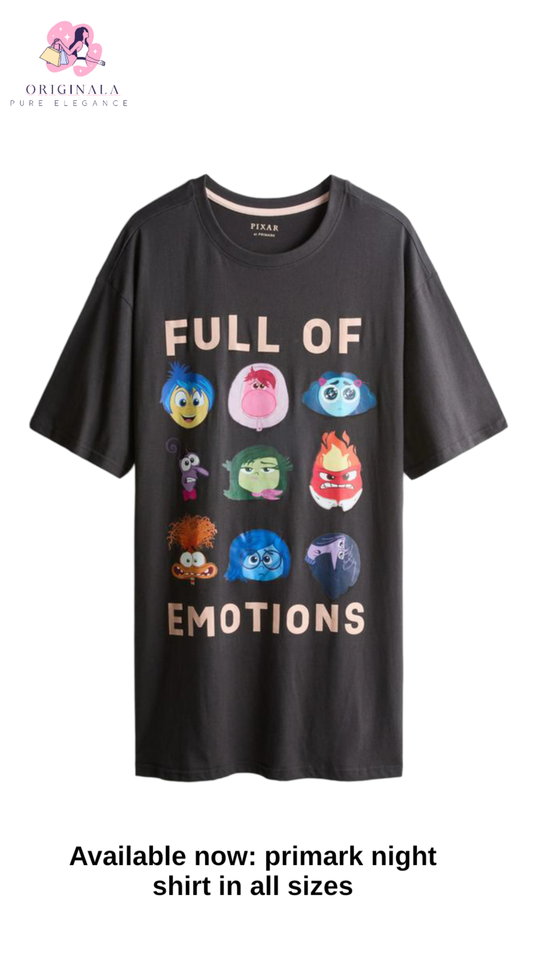 Originala Disney Pixar Inside Out 2 Sleep T-Shirt, black short-sleeve night tee with Emotions graphic print